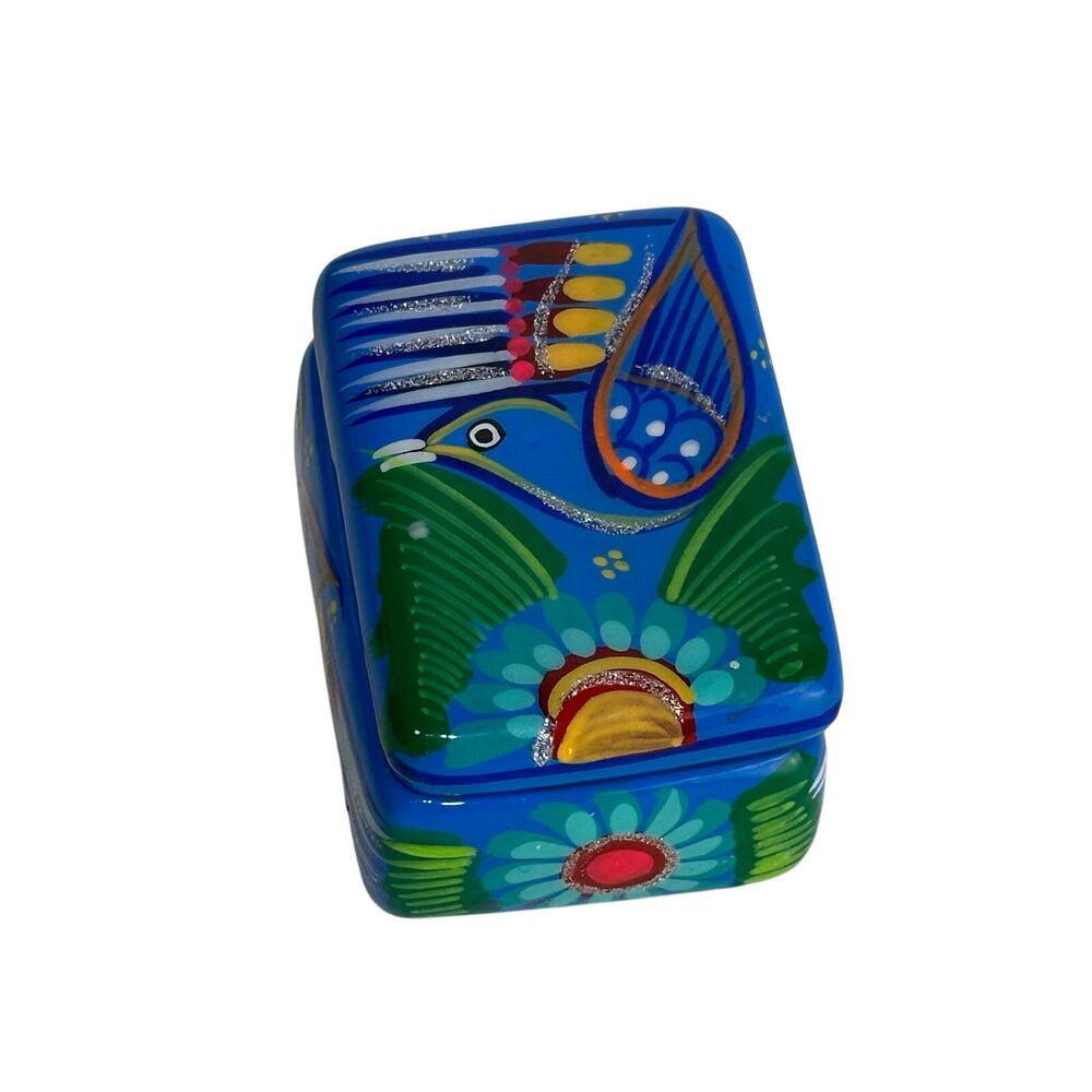 Hand Painted MEXICAN FOLK ART Blue Bird Terra Cotta Trinket Box